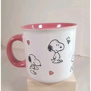 Excellent Condition Peanuts Snoopy Woodstock Mug Pink Hearts Oversized